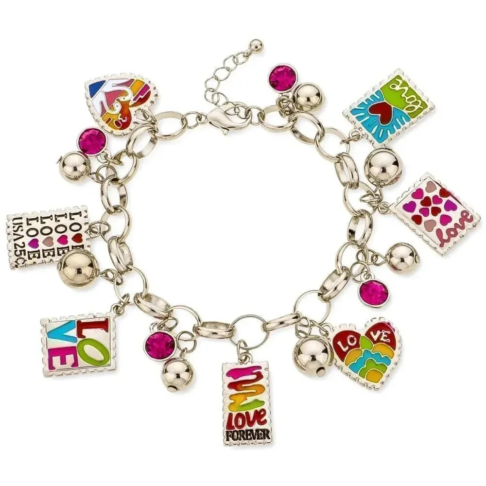Colorful Love Charm Bracelet – Multicolor Enamel Heart & Rhinestone Bracelet - Picture 2 of 2